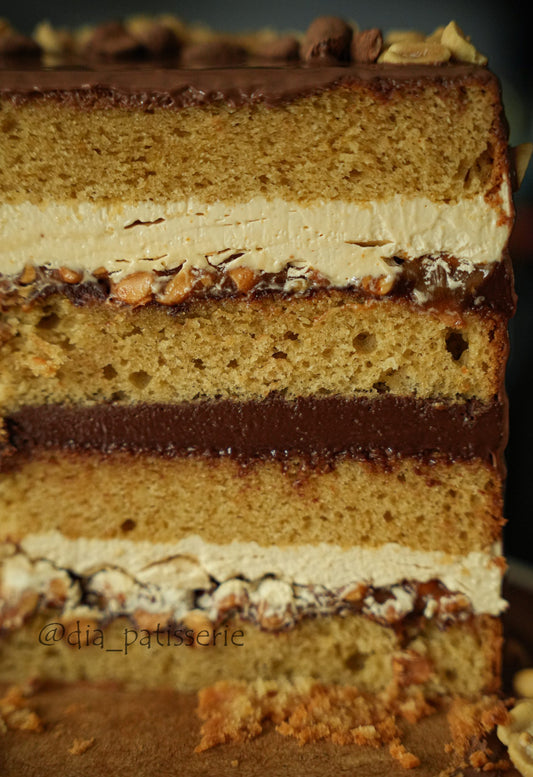 „Snickers“ įkvėptas žemės riešutų karamelės Tortas. Išsamus PDF ir vaizdo įrašo pamoka